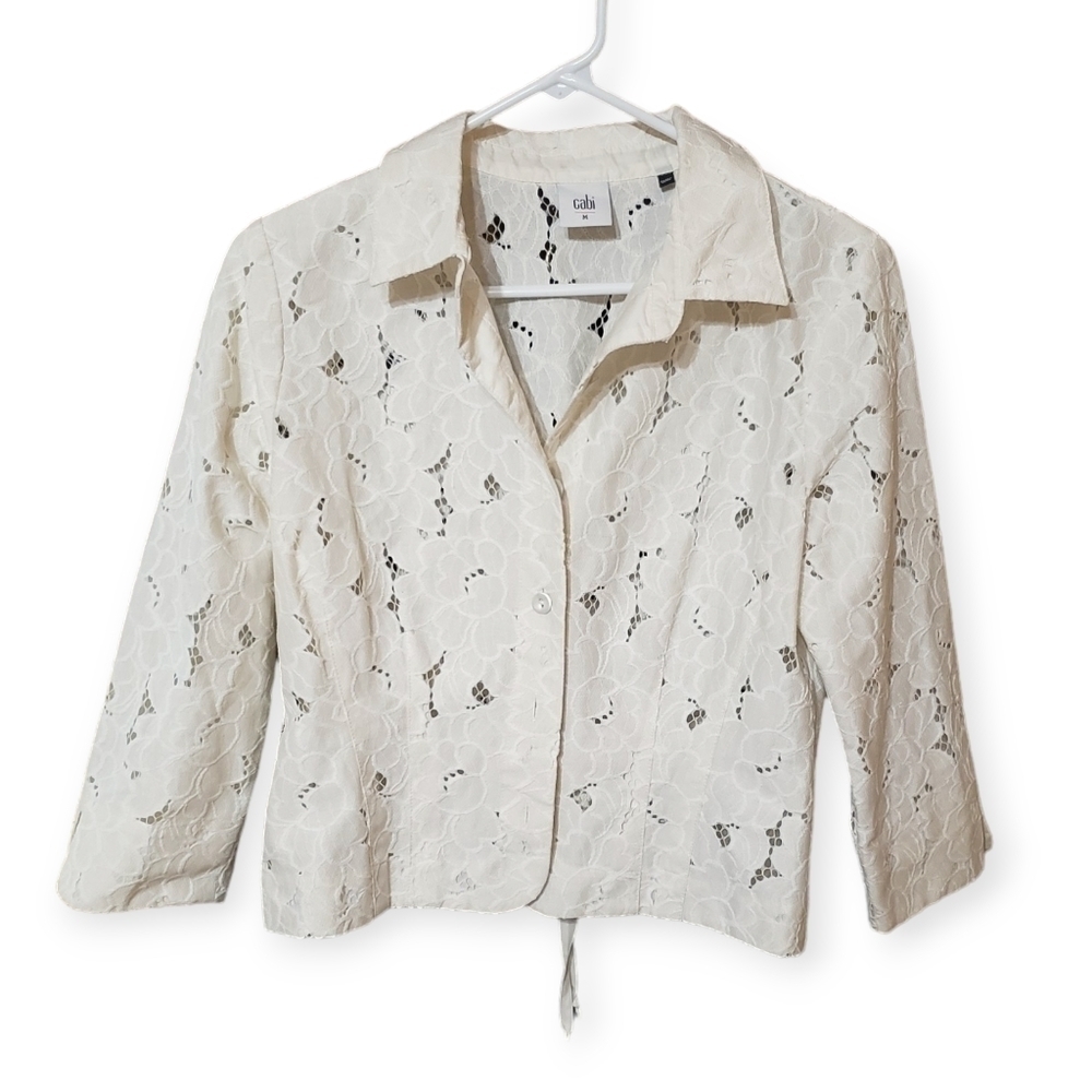 Women's Cabi Floral Lace Blouse Top Jacket Collared Button Up Sz Medium White